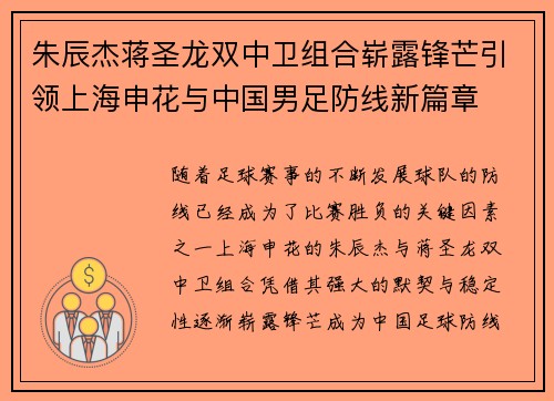 朱辰杰蒋圣龙双中卫组合崭露锋芒引领上海申花与中国男足防线新篇章