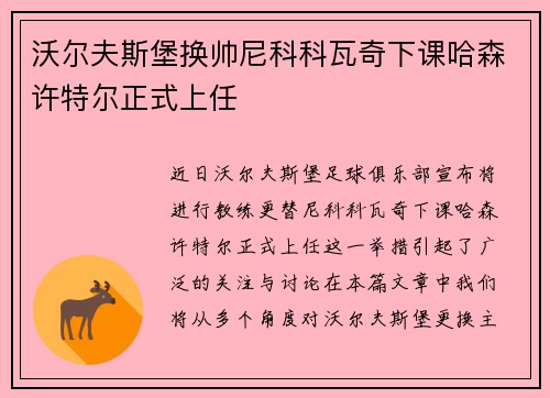 沃尔夫斯堡换帅尼科科瓦奇下课哈森许特尔正式上任 沃尔夫斯堡换帅尼科科瓦奇下课哈森许特尔正式上任